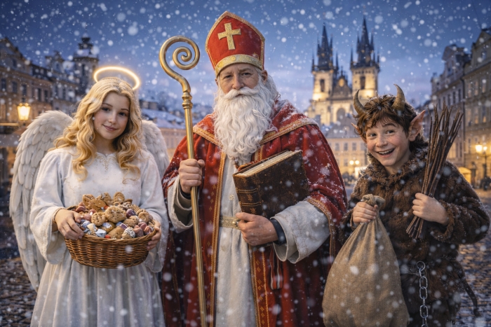 The Mikuláš trio: an angel, St. Nicholas, and a devil (čert). The devil’s broom is used to symbolically spank naughty children, while his sack comes from the old belief that the very worst could be carried away to hell.