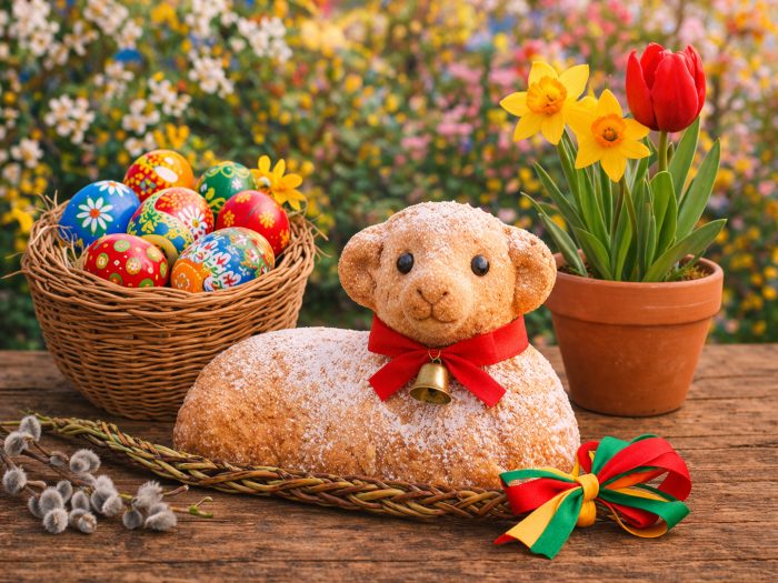 Easter lamb cake with spring flowers, painted eggs, and a traditional "pomlázka"