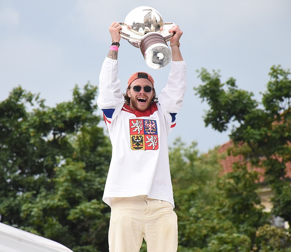 David Pastrňák during the celebration of the 2024 World Ice Hockey Champion title.