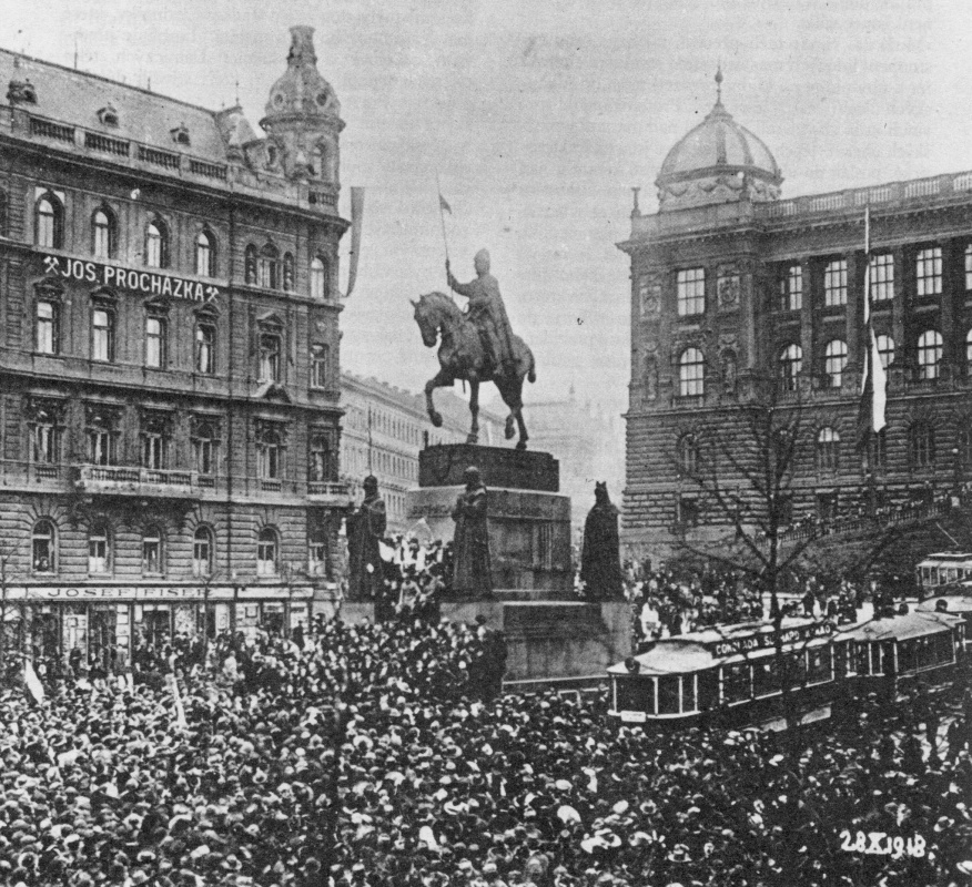 Gathering in Wenceslas Square in Prague to mark the establishment of Czechoslovakia on October 28, 1918